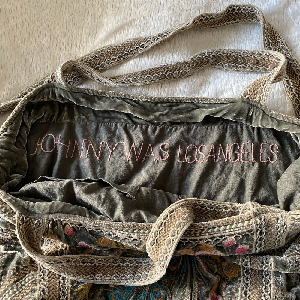 Johnny Was velvet peacock floral tote bag.